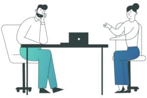 A iconographic woman and a man debating SEO for Physios