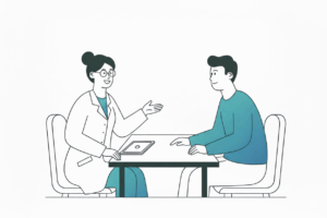 A patient chatting to an Optometrist in an animated style
