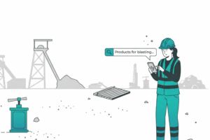 An illustrated mining site scene featuring a female worker in a teal hard hat searching for mining products using Gemini.